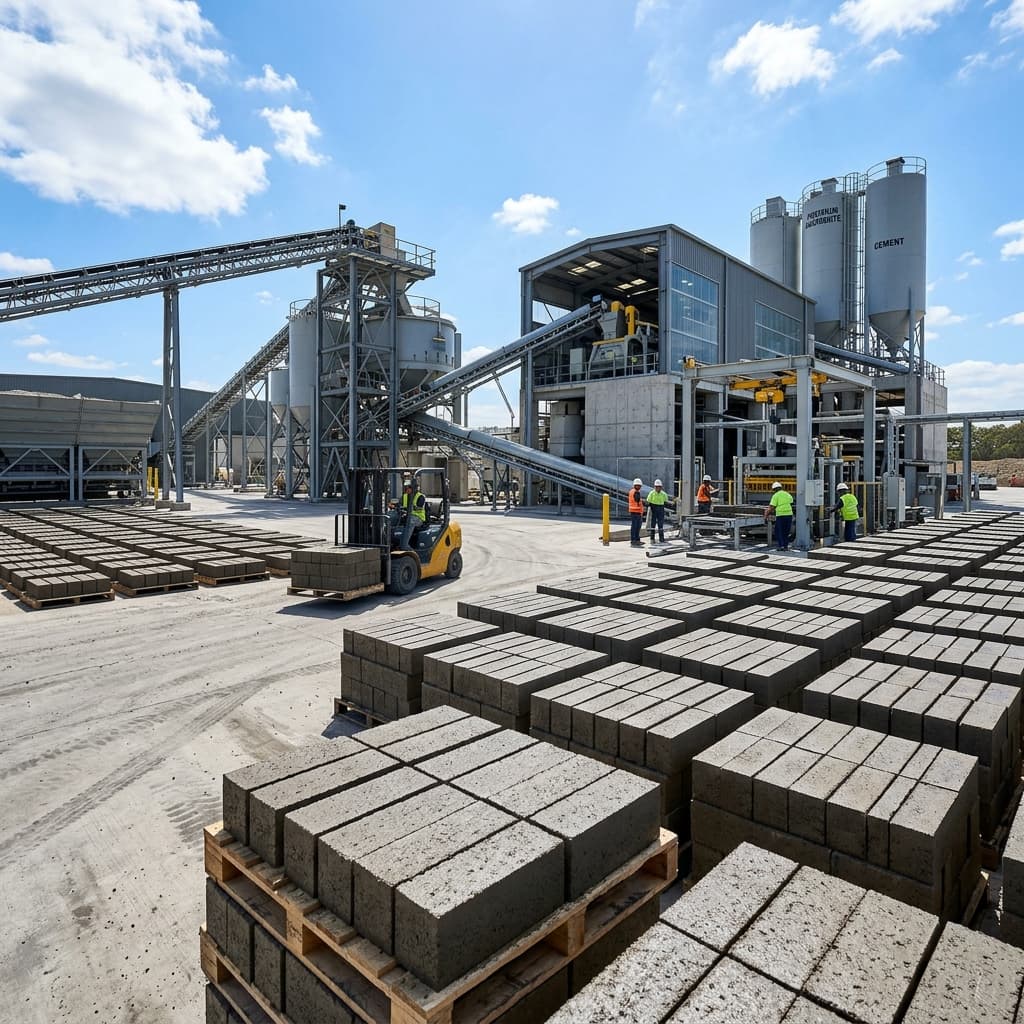 Premium concrete bricks stacked in an industrial factory setting
