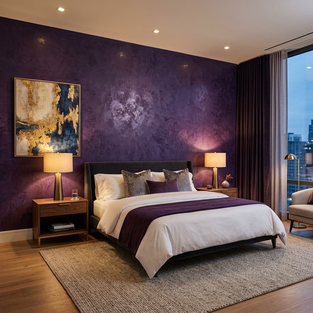 Designer bedroom with textured accent wall