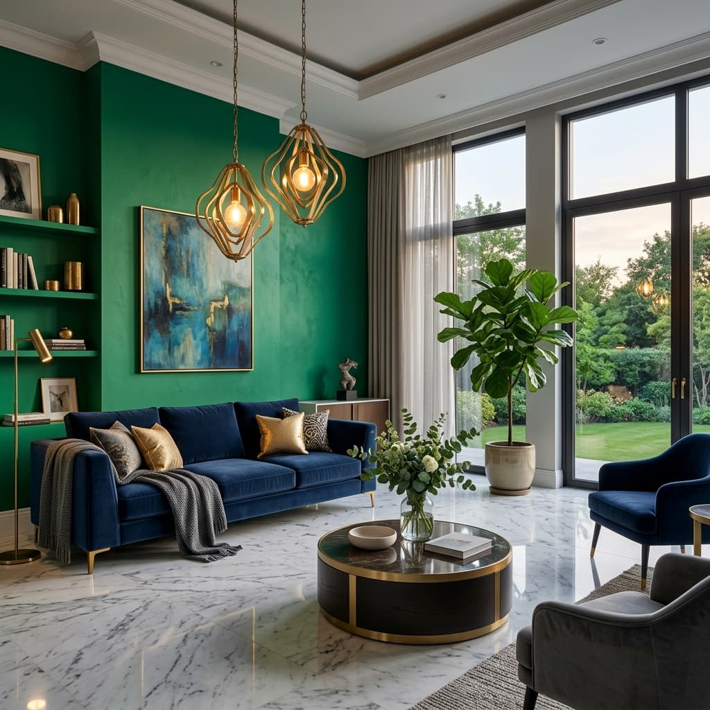 Luxury modern living room with premium paint finish by Parthasarathy Group